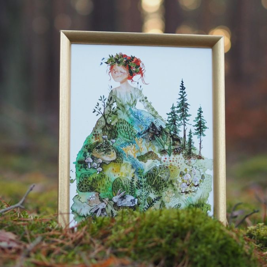 Gerahmtes Bild einer Aquarell-Illustration von einem Mädchen im Wald