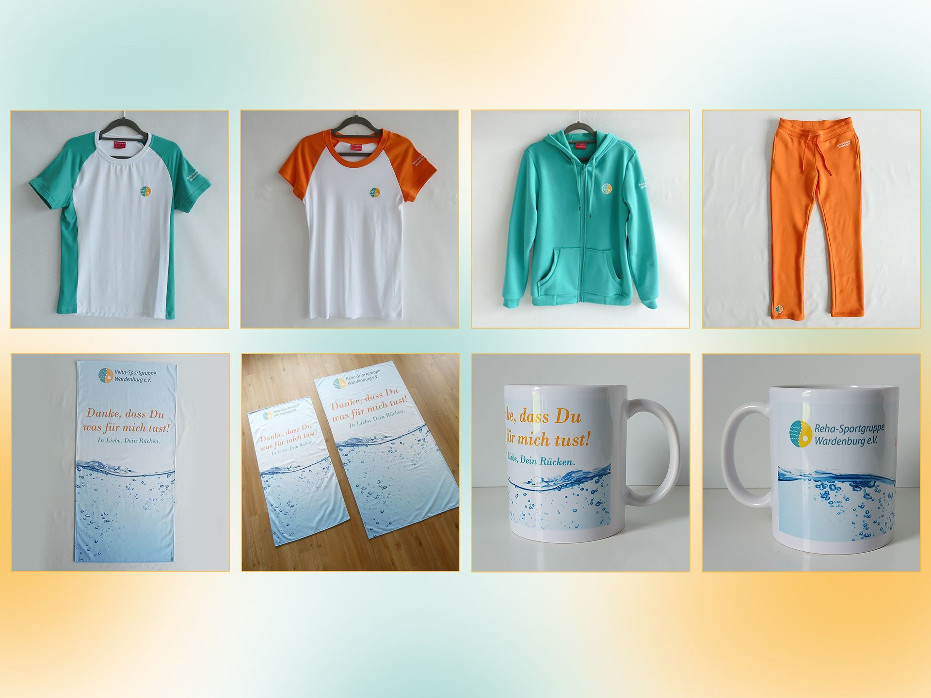 Sporttextilien und Artikel wie T-Shirts, Jacken, Hosen, Tassen, Handtücher mit gesticktem Logo der Reha-Sportgruppe