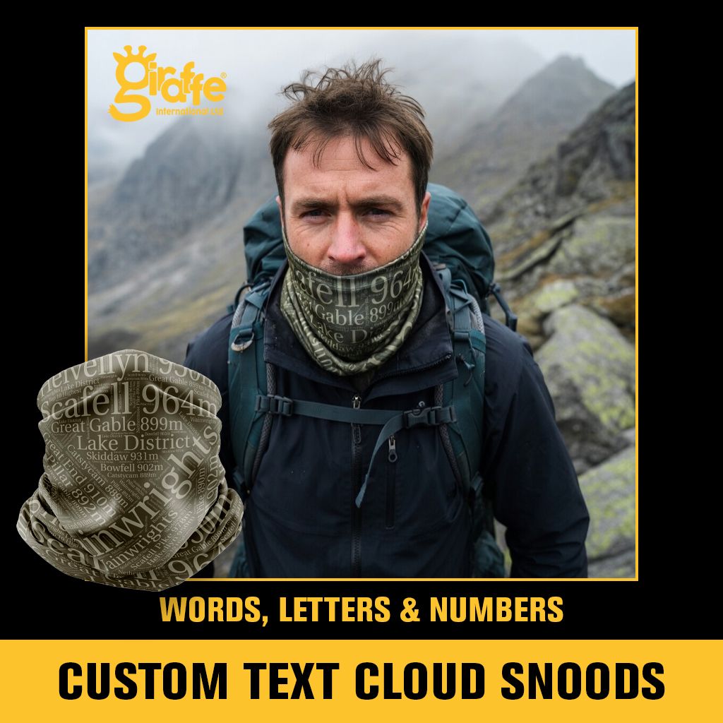 Custom text cloud snood for hiking and outdoor adventure