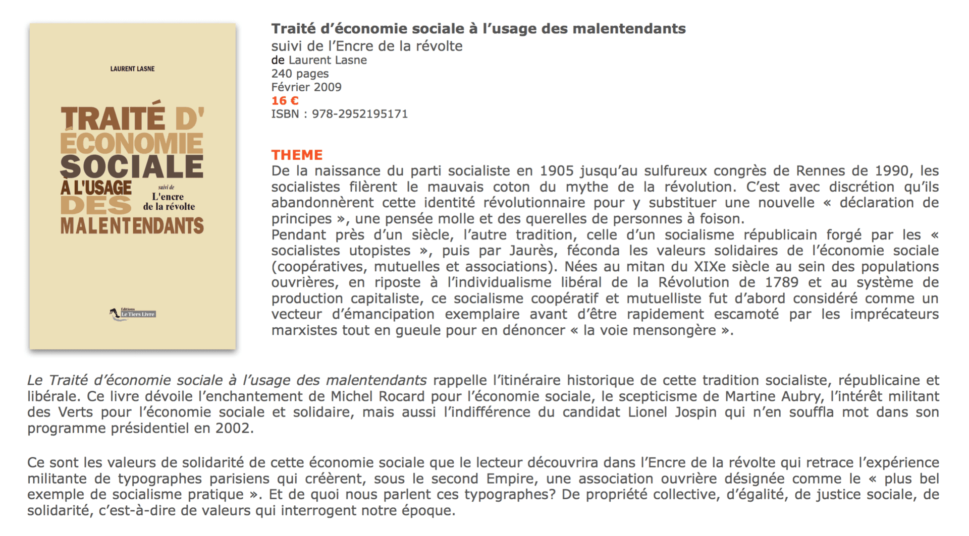 Traité d'économie sociale à l'usage des malentendants, Laurent Lasne, éditions Le Tiers Livre