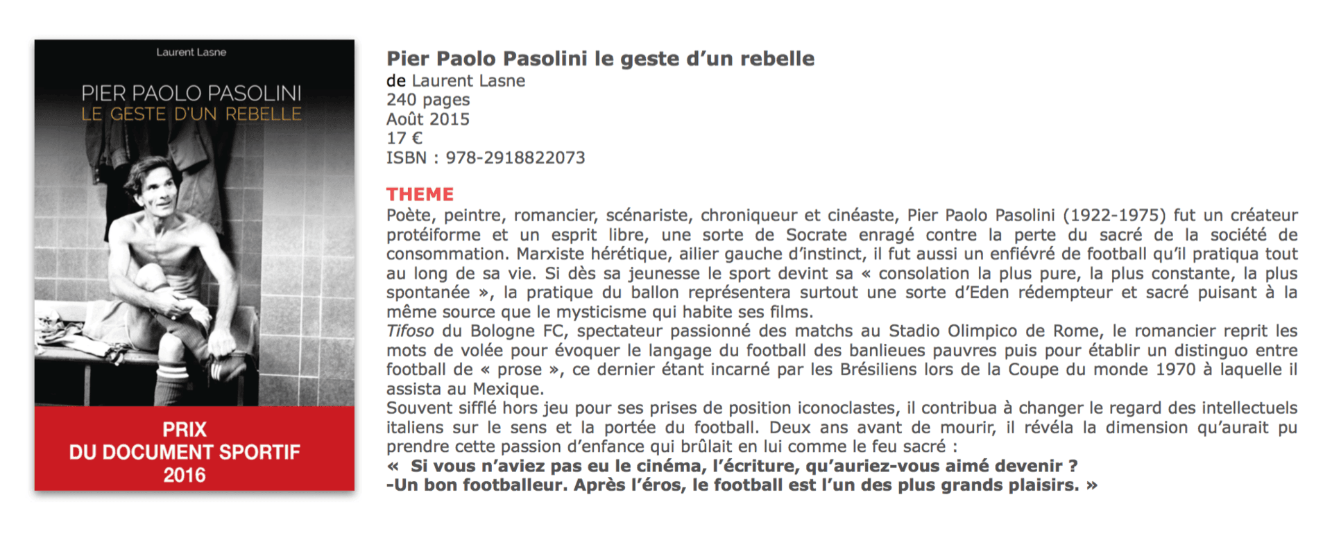 Pasolini le geste d'un rebelle, éditions le Tiers Livre