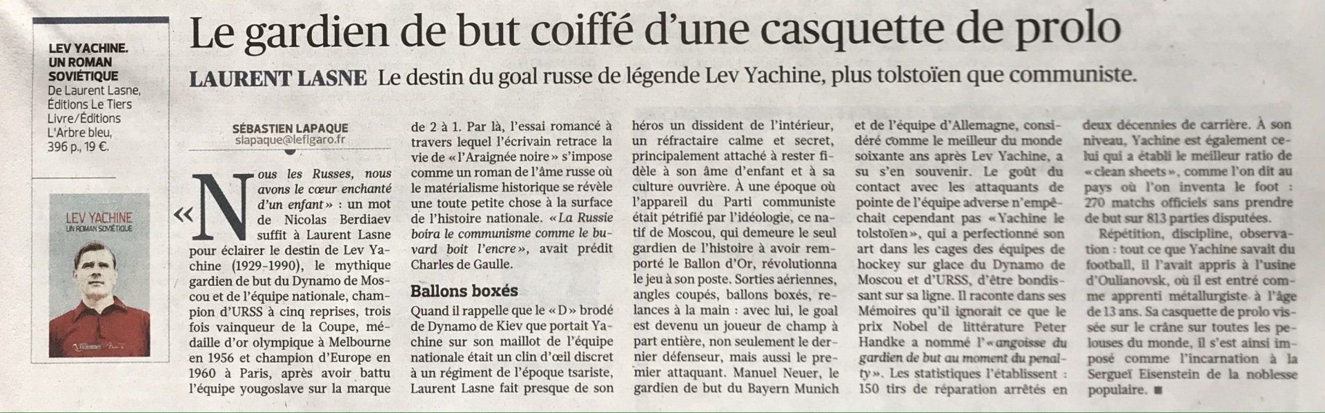 Lev Yachine un roman soviétique, Laurent Lasne, Le Figaro Littéraire