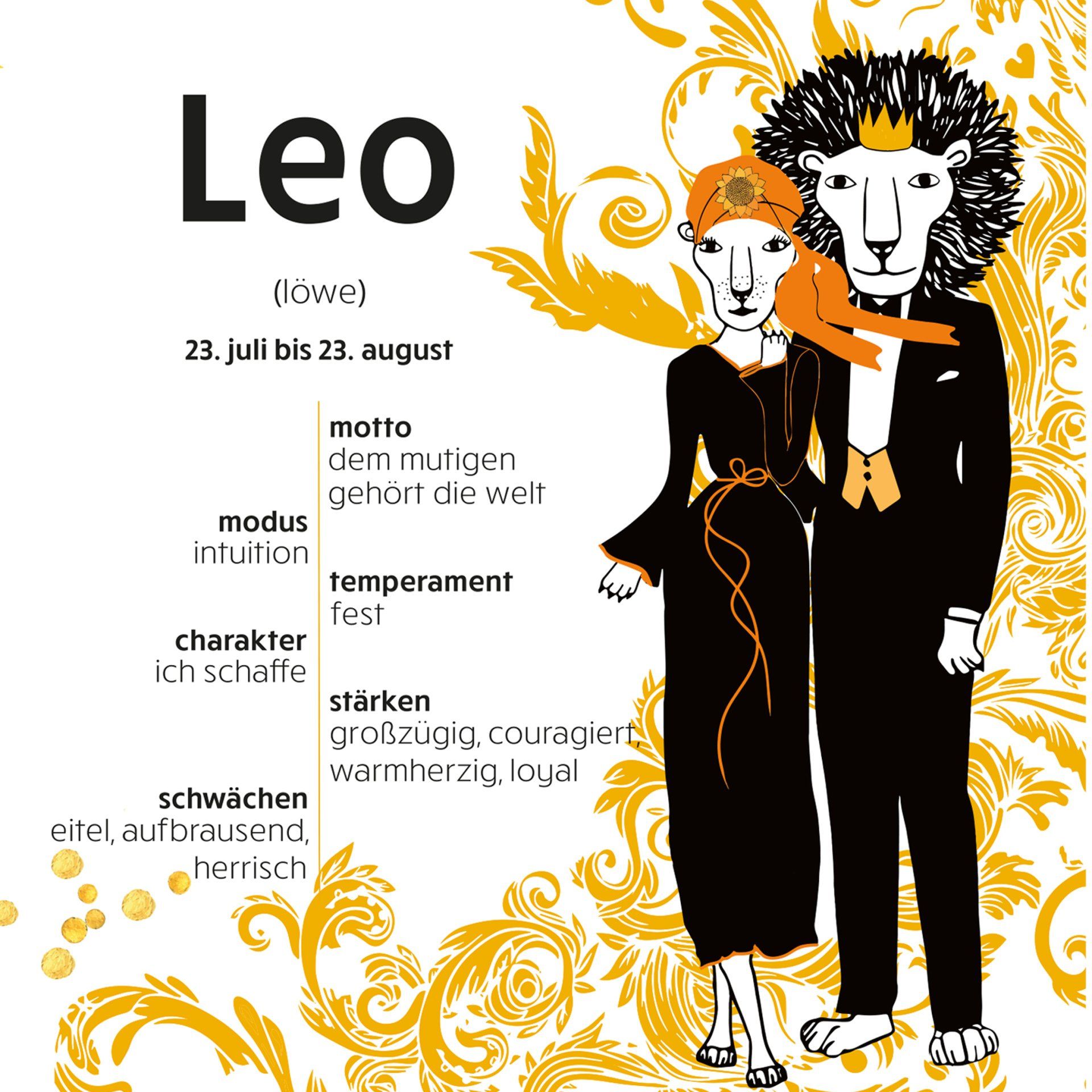 Sternzeichenkarte Loewe, Leo, Tierkreiszeichen Karte Loewe, Leo, Loewe Charakter, beruehmte Loewen, Loewe Staerken und Schwaechen