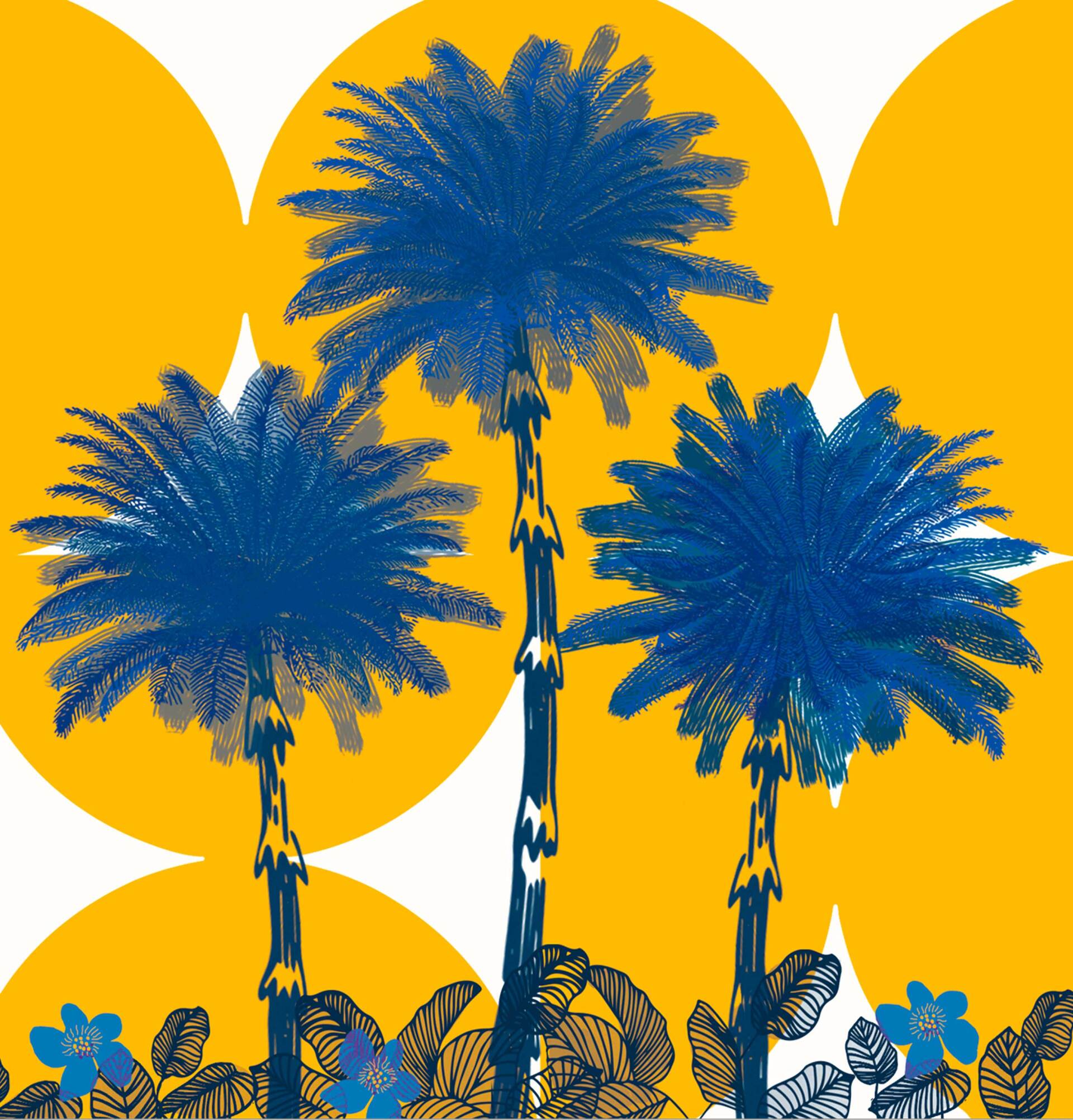 Californian Dreaming, grosse quadratische Klappkarte mit blauen Palmen auf gelbem grafischen Hintergrund