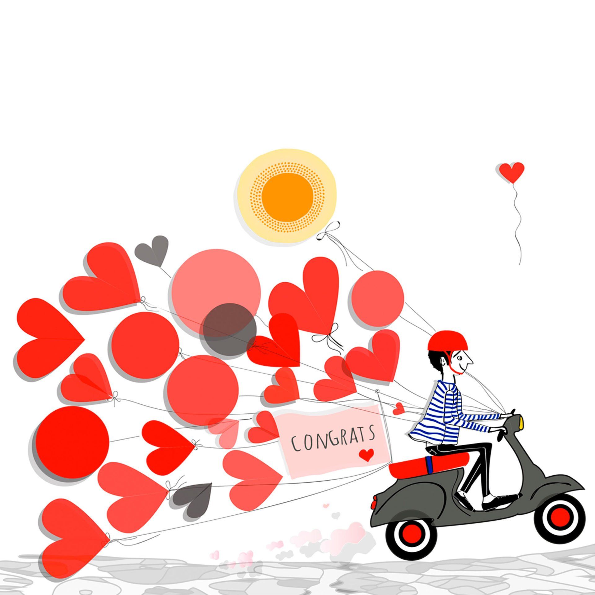 Glückwunschkarte, Congrats Karte, Mann auf Vespa mit bunten Ballons und Herzen, Sonnenschein, Glückwünsche, Grüße, Italien, Sommer, Urlaub