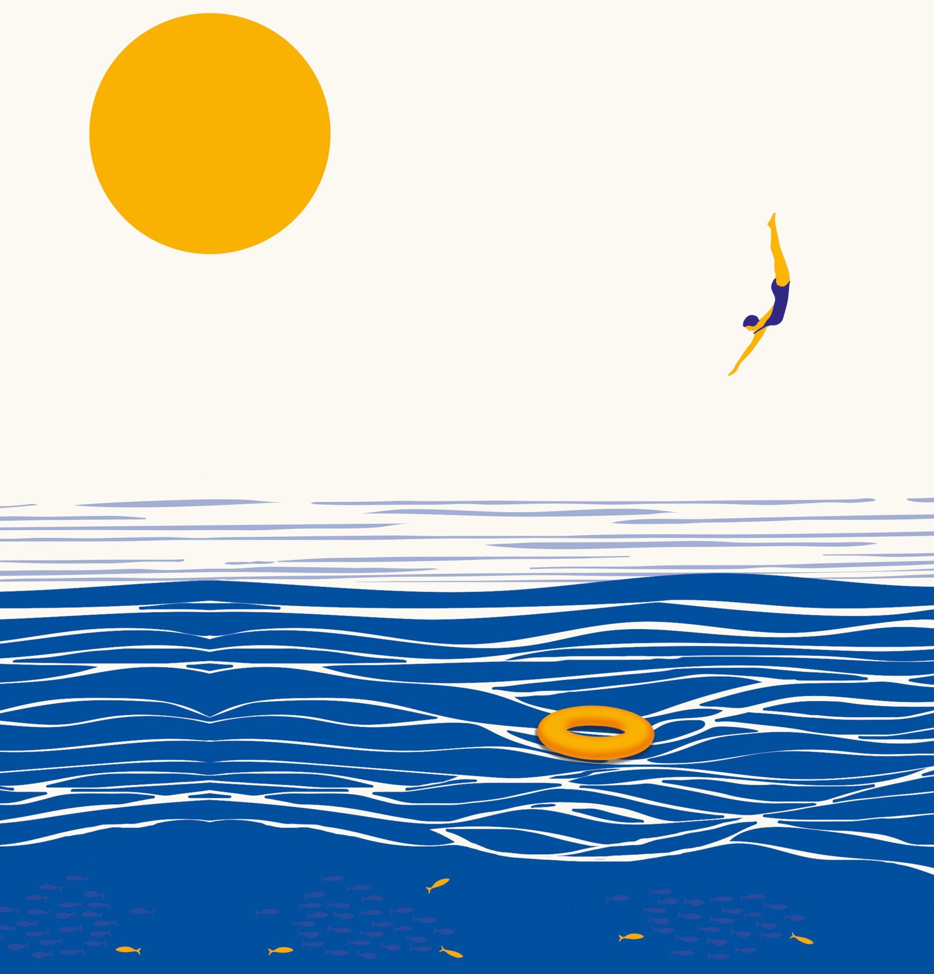 Jump into the see, into the blue, sommer, sonne, meer, schwimmer, Springer, Grusskarte, Sommerkarte