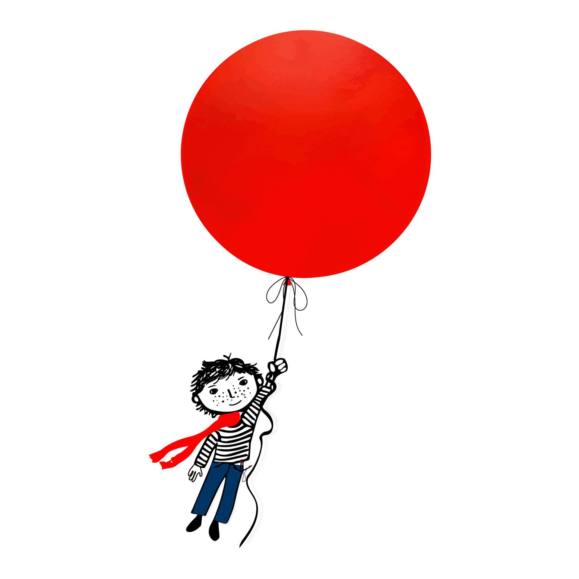 Poster für kids, kleiner Junge mit großem roten Ballon fliegt in den Himmel, poster mit rotem Ballon, roter Ballon Poster, kleiner junge am roten Ballon