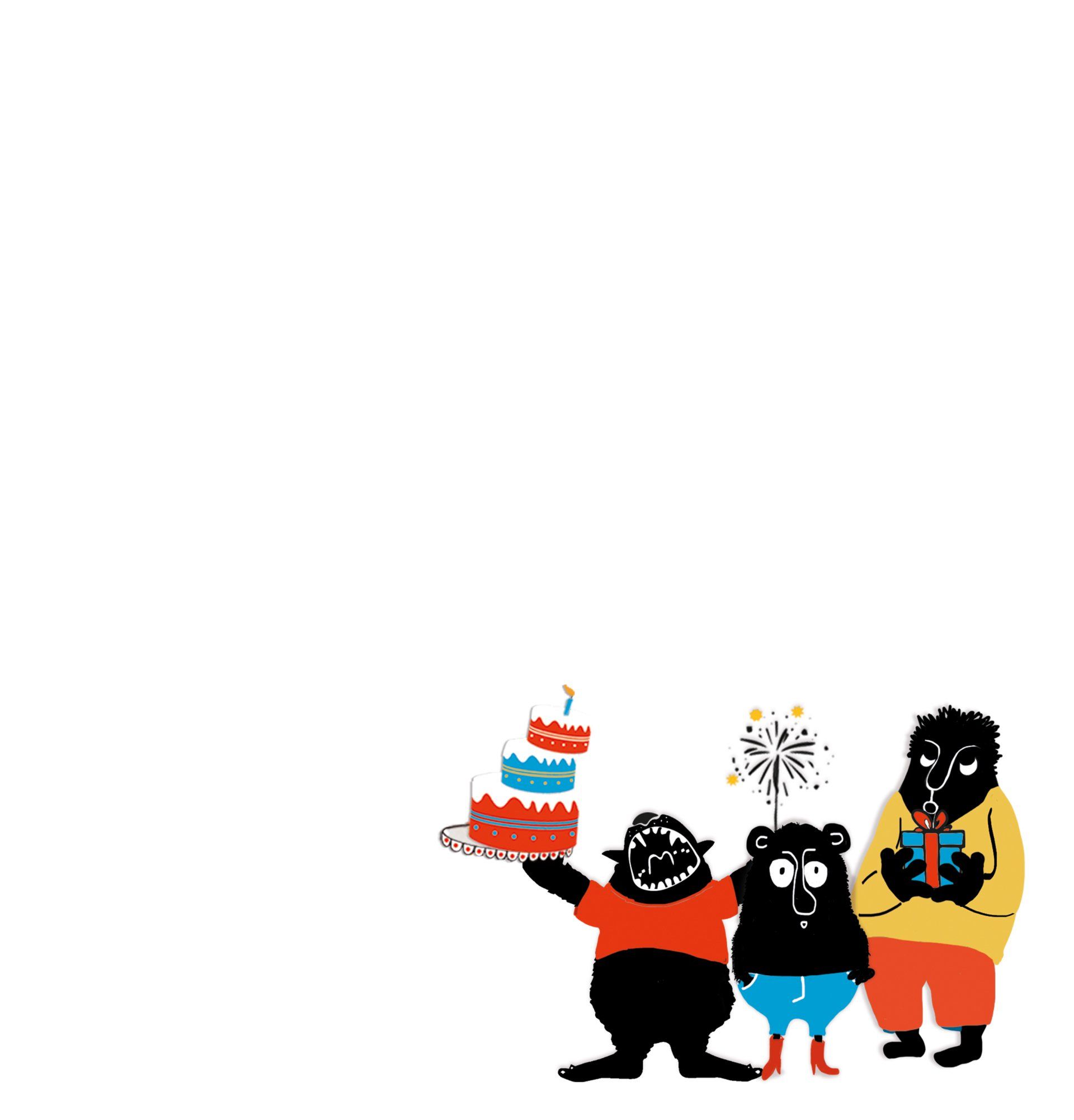 Glückwunschkarte, Grusskarte, Überraschungsparty, fröhliche Gratutlanten, Gebrutstagsparty Karte, Monster mit Kuchen, Geschenke, bunte Geburtstagskarte mit kleinen Monstern und Torte