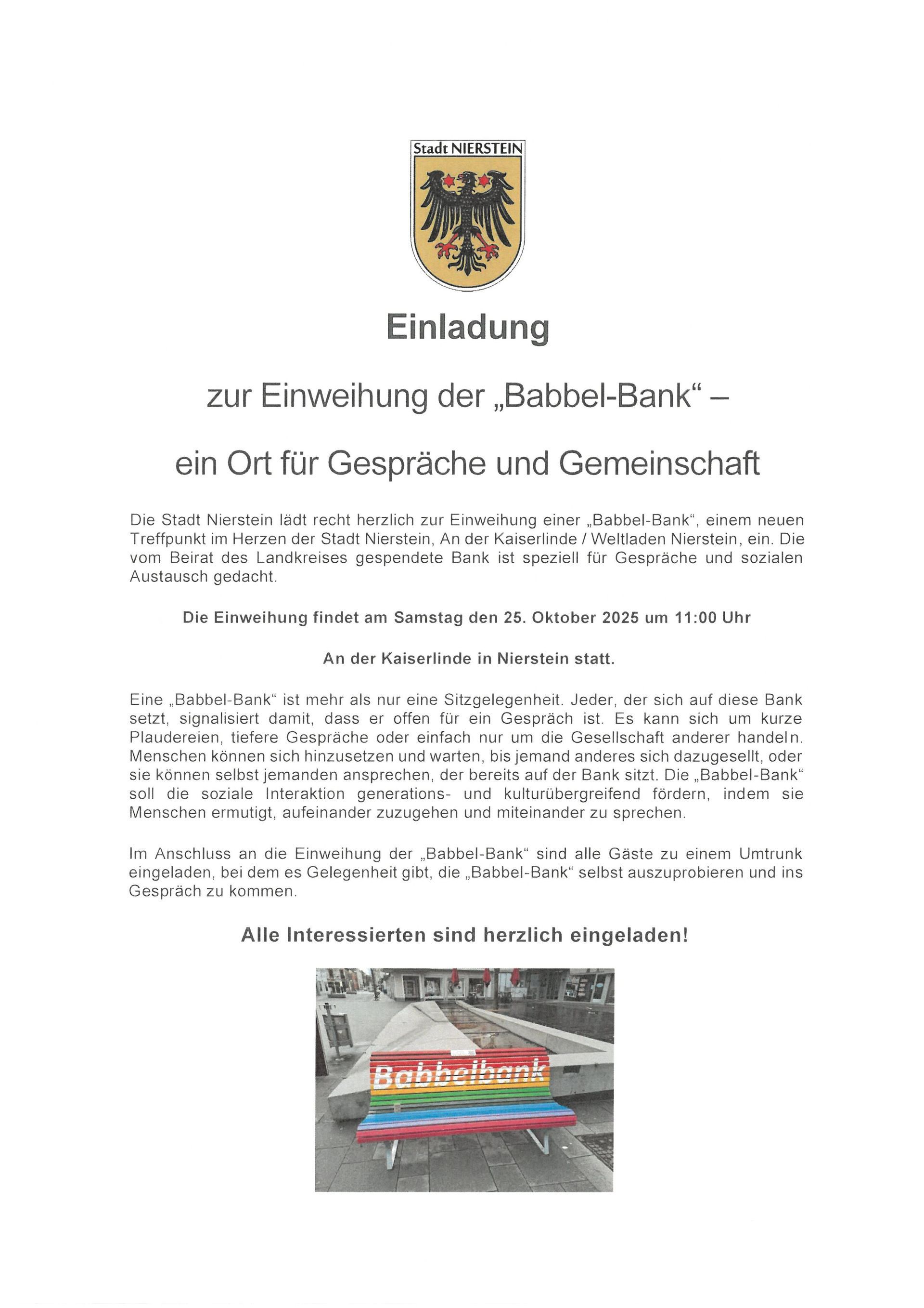 Babbelbank im Herzen Niersteins Babbelbank im Herzen Niersteins