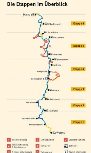 Karte der verschiedenen Etappen des Rhein Terrassenwegs Karte der verschiedenen Etappen des Rhein Terrassenwegs