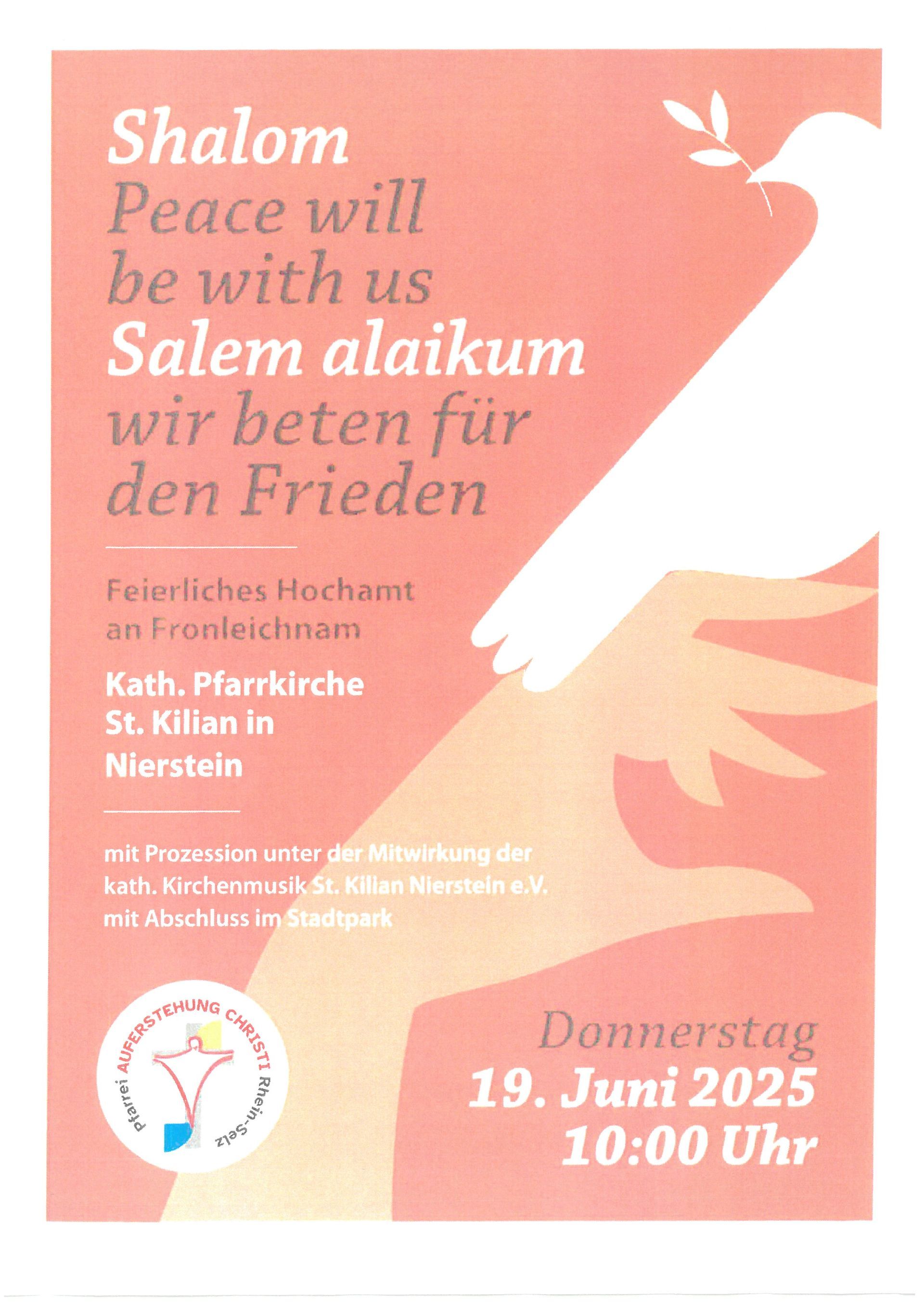 Das Plakat der Katholischen Pfarrgemeinde zeigt wir beten für Frieden am 19. Juni Das Plakat der Katholischen Pfarrgemeinde zeigt wir beten für Frieden am 19. Juni