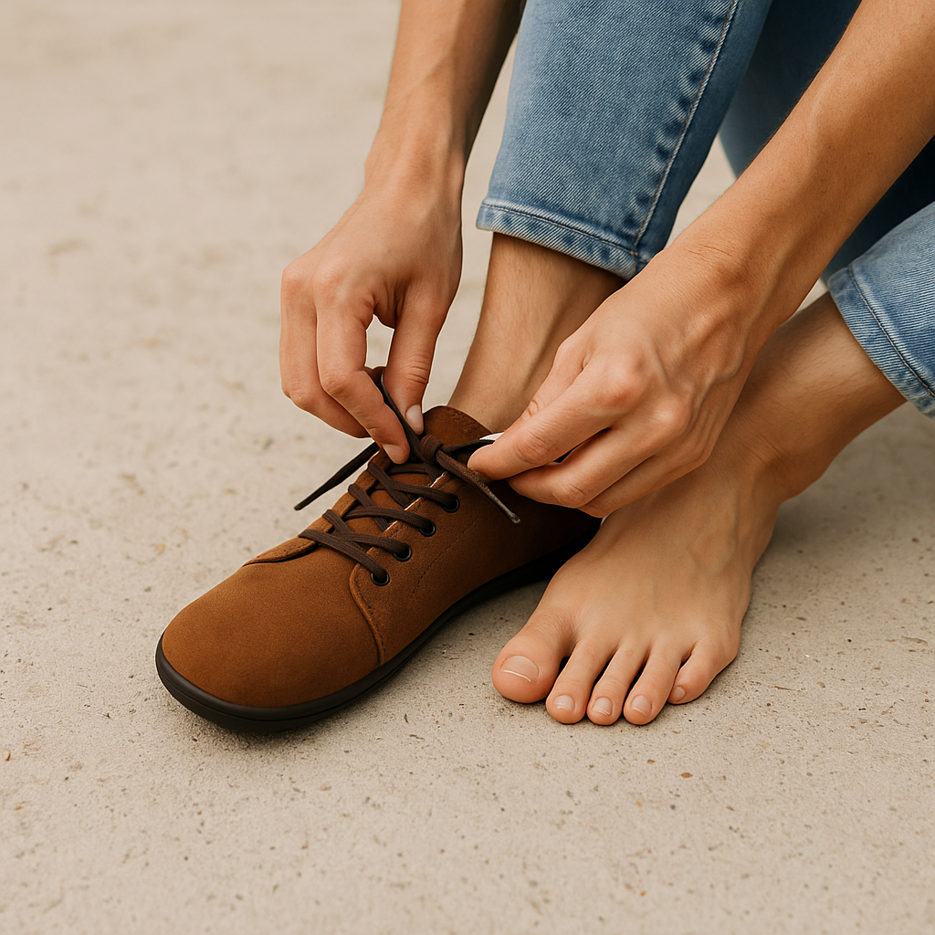 Persona atándose zapatilla barefoot marrón – transición al calzado barefoot