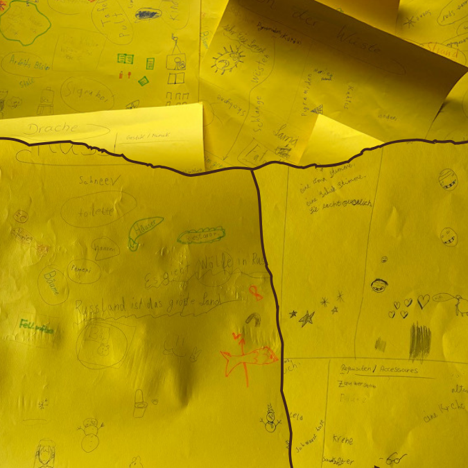 Brainstorming Ideensammlung Kinder mit Bildern und Schrift auf gelbem Papier