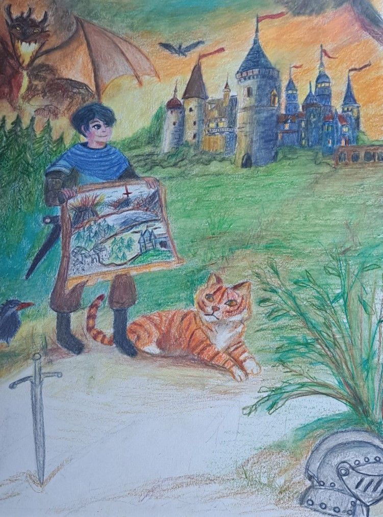 Illustration Nicolette Bohn kleiner Ritter mit Landkarte in der Hand und Tiger und Rabe an seiner Seite. Im Hintergrund ein feuerspeiender Drache und eine burg