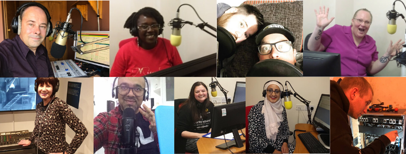 collage of team photos - diverse volunteers at the radio mic, in the studio, at community radio skills taster workshops,