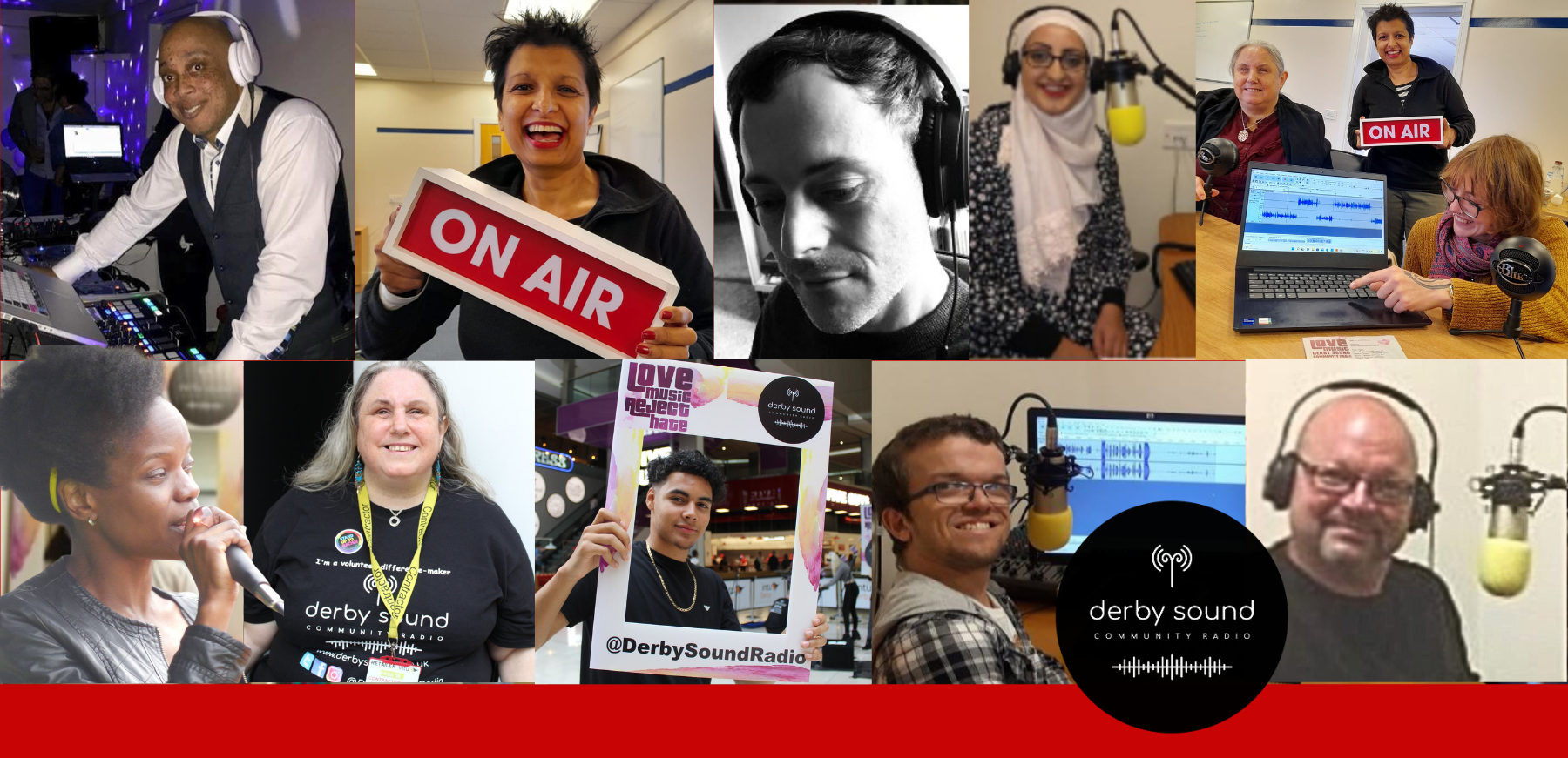 collage of diverse volunteer team photos, at the microphine, on air sign, headphones, radio roadshow love music reject hate