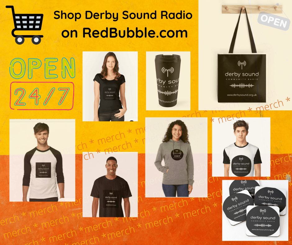 sampleimages of Derby Sound Radio t-shirts, tote bags, coasters,travel mug; shop 24/7 at RedBubble.com