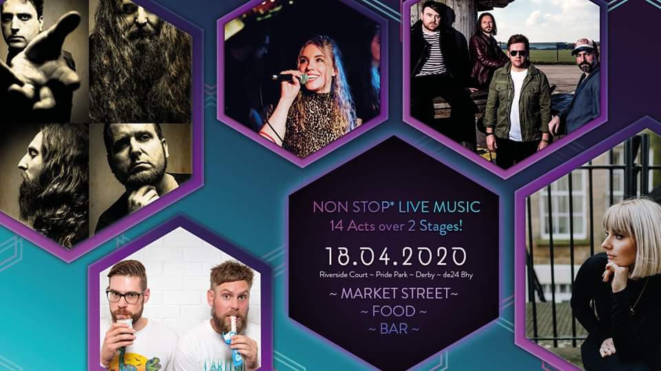 Riverside Live Saturday 18th April, non-stop music from 2pm, Riverside Court, Pride Park, Derby. Music, food & crafts market, bar, 14 acts over 2 stages