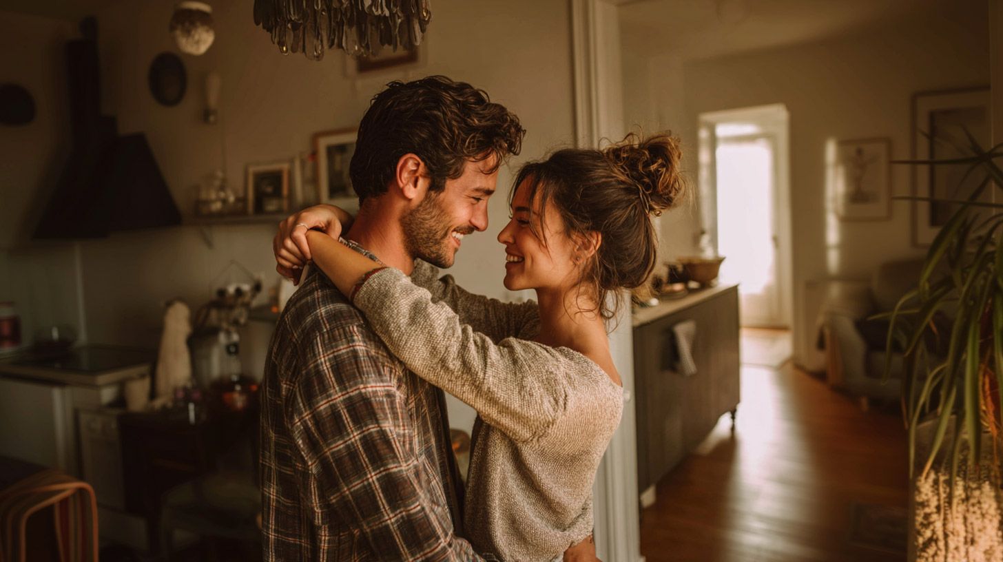 Ein Pärchen in der eigenen Wohnung, lächelnd, während sie sich umarmen und ansehen.