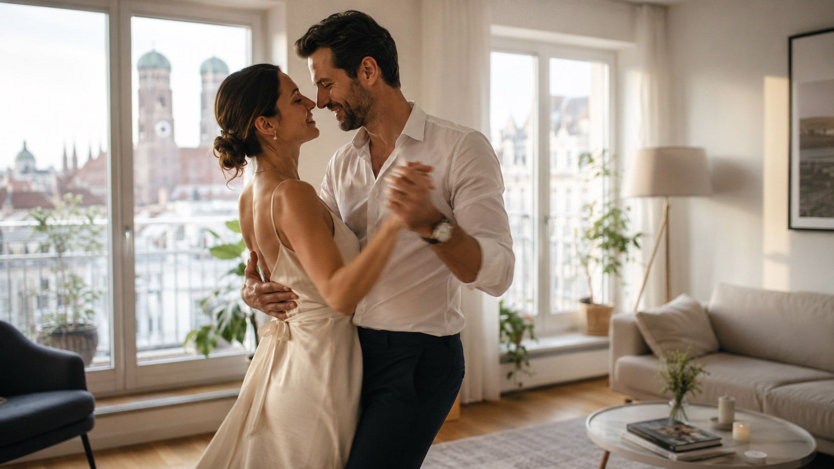 Ein Pärchen übt seinen Hochzeitstanz im heimischen Wohnzimmer.