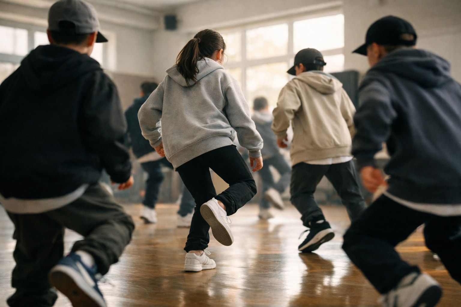Eine Gruppe Kinder in Streetwear beim Hip Hop Tanz in einer Turnhalle
