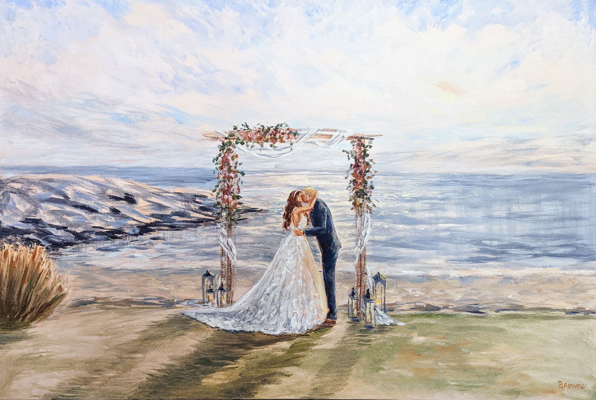 First kiss painting at Madison Beach hotel overlooking the water and rocks.