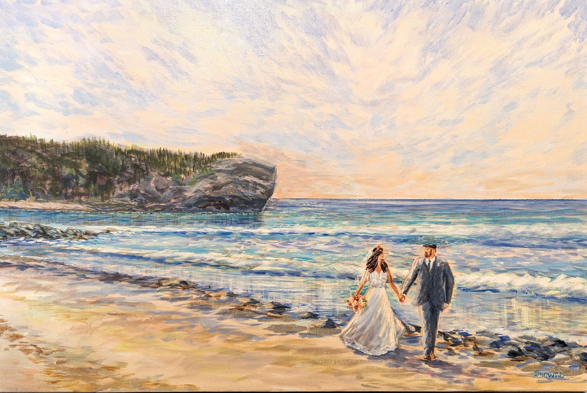 A painting of the bride and groom, holding hands and walking by the seashore.
