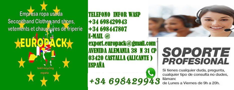 EUROPACK ® USED CLOTHING COMPANY ONLINE 32 years of experience COMPANY WHICH OPERATES IN THE ORIGINAL USED CLOTHING AND SECOND-HAND SHOES SECTOR , BY KG, WHOLESALE, IN STOCK, in Spain in EUROPACK is an online secondhand and consignment store company where you can purchase high quality secondhand clothing. Find your favorite brands with up to 95%   EUROPACK ® USED CLOTHING COMPANY ONLINE                                                                                                                        We have 32  years experience in selling used and vintage clothing. offer a variety of used clothing for all seasons at the best prices. Clothing comes from the spain ,Netherlands, England, from all europe