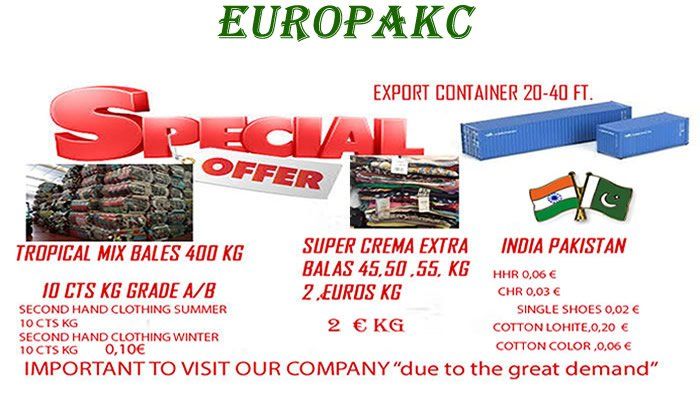 EUROPACK ® USED CLOTHING COMPANY ONLINE 32 years of experience COMPANY WHICH OPERATES IN THE ORIGINAL USED CLOTHING AND SECOND-HAND SHOES SECTOR , BY KG, WHOLESALE, IN STOCK, in Spain in EUROPACK is an online secondhand and consignment store company where you can purchase high quality secondhand clothing. Find your favorite brands with up to 95%   EUROPACK ® USED CLOTHING COMPANY ONLINE                                                                                                                        We have 32  years experience in selling used and vintage clothing. offer a variety of used clothing for all seasons at the best prices. Clothing comes from the spain ,Netherlands, England, from all europe