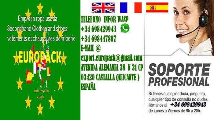 EMPRESA Compra venta Exportación en España especializada en 'ropa de segunda mano usada'zapatos usados bolsos juguetes cinturones moda y complementos pacas fardos de ropa de segunda mano usada