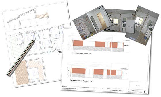 Imagen representativa de unos planos de un edificio con fotos de referencia
