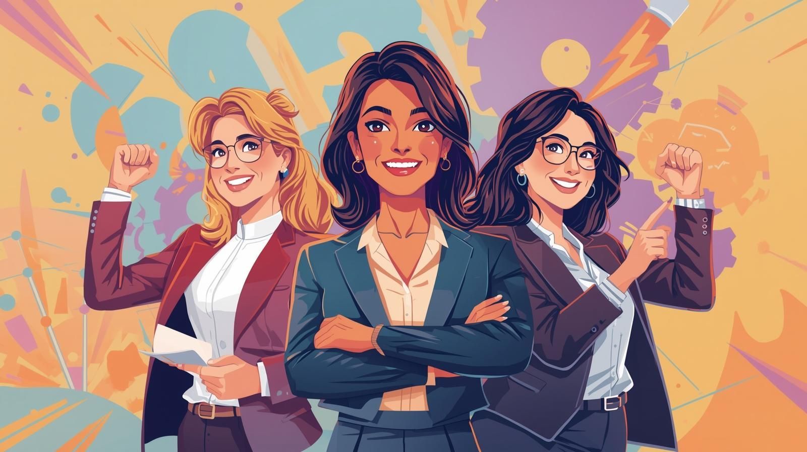 leaders-feminins-entreprise Trois leaders féminins souriant dans un environnement professionnel dynamique.