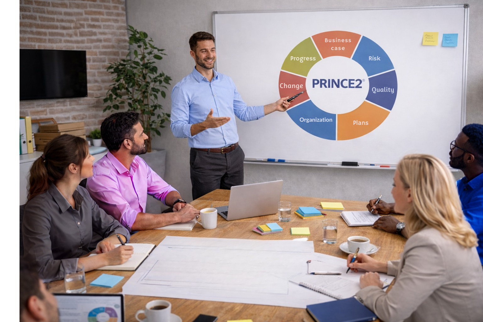 Un homme présente le modèle PRINCE2 lors d'une formation.