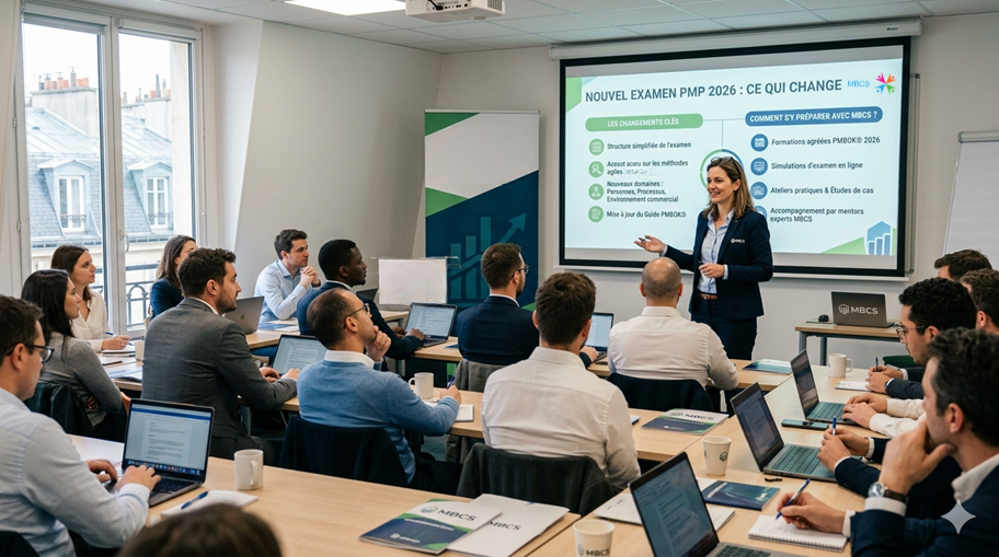Participants engagés lors d'une séance de formation sur le PMP 2026.