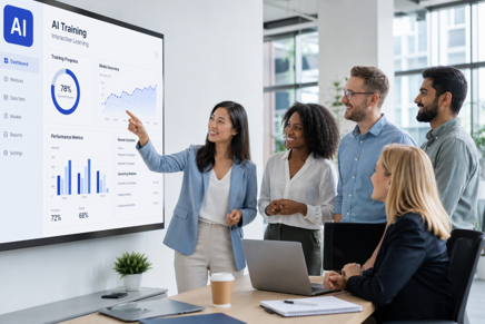 Cinq collaborateurs en formation professionnelle autour de l'IA