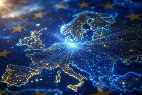 Carte numérique de l'Europe illuminée de connexions digitales et d'étoiles dorées, symbole de la transformation digitale européenne