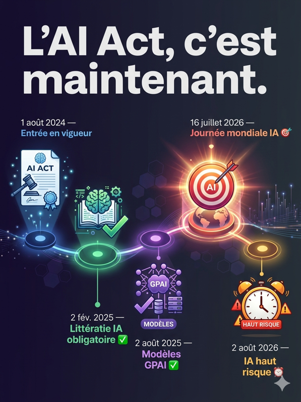 Frise chronologique de l'AI Act européen avec les dates clés de 2024 à 2026 : littératie IA, modèles GPAI et IA haut risque