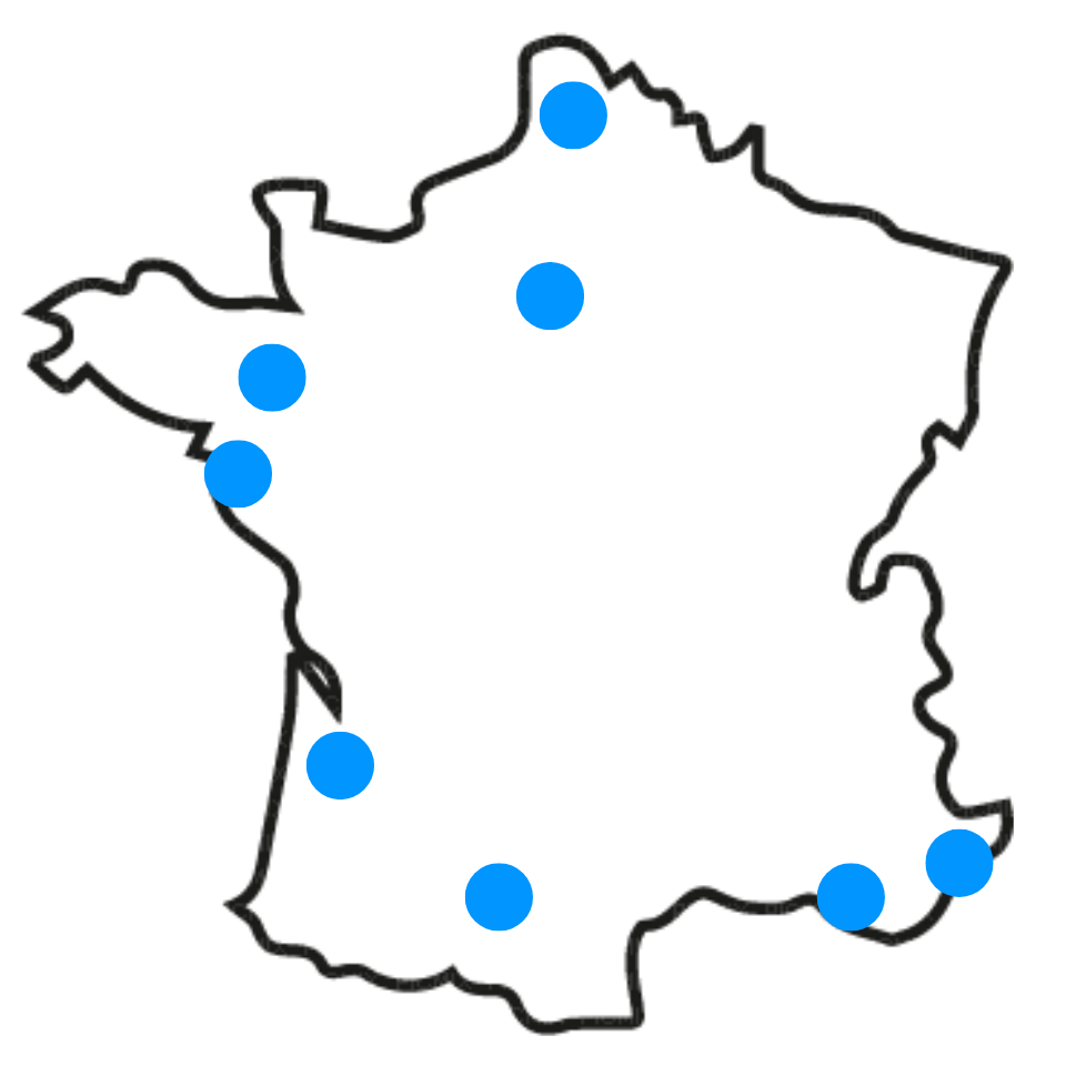 carte de France avec des localisations marquées par des cercles bleus pour la localisation des formations MBCS