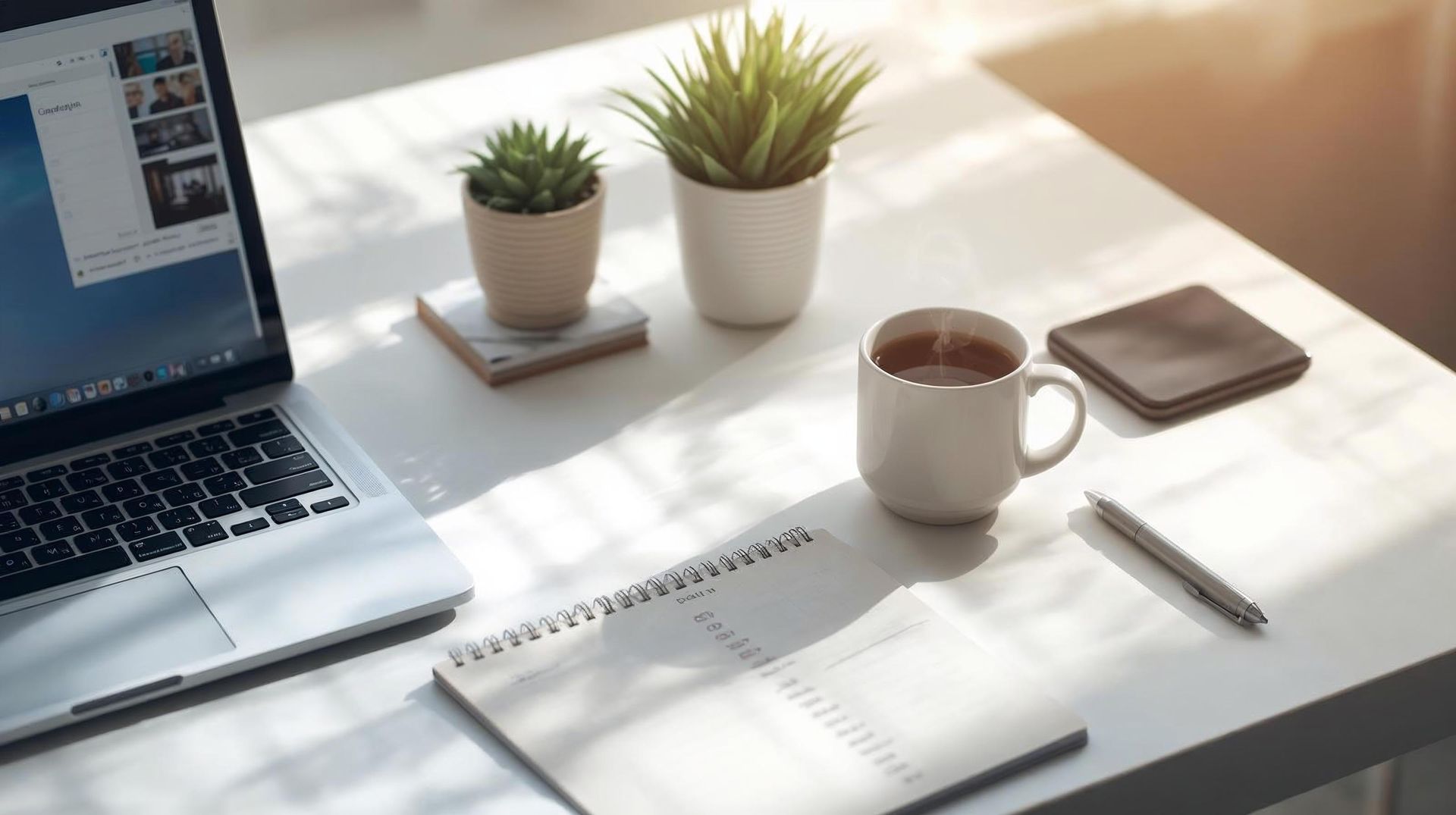 Un bureau lumineux avec un ordinateur portable, des plantes, une tasse de café et un carnet.