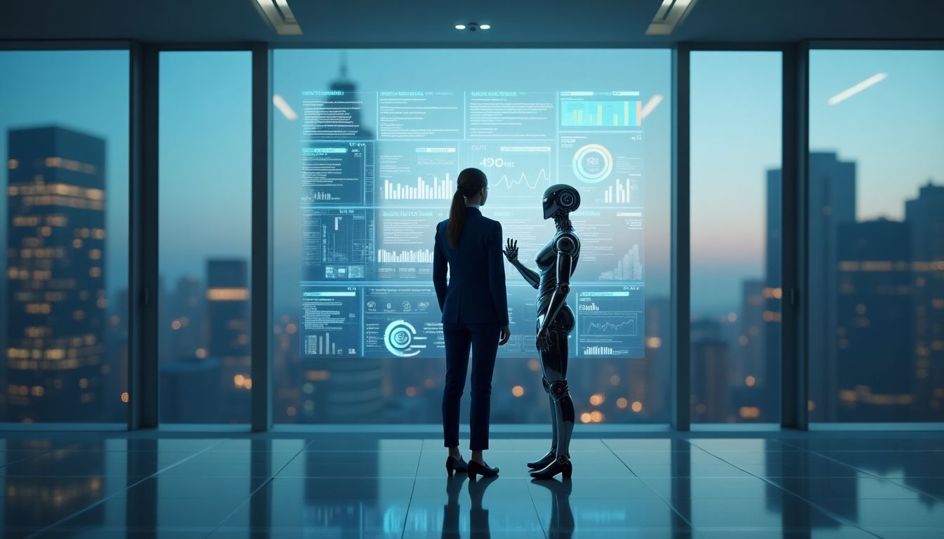 Une femme discutant avec un robot dans un environnement futuriste.