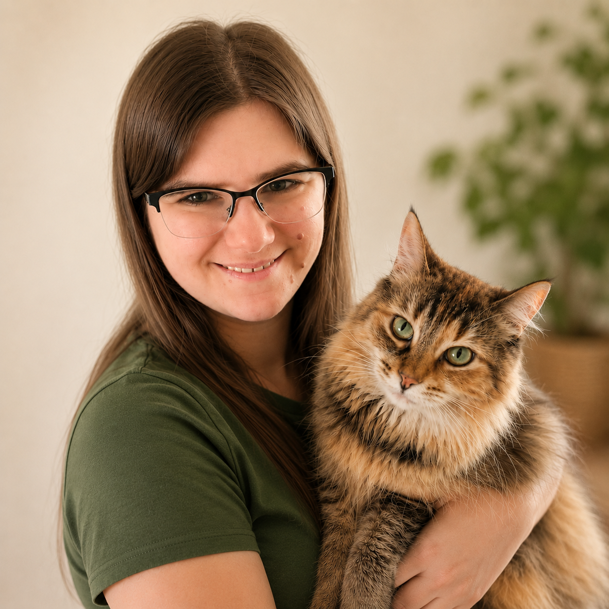 Mandy Kneeland, Ernährungsberaterin für Katzen bei SchnurrLogic, mit einer ihrer Katzen im Arm