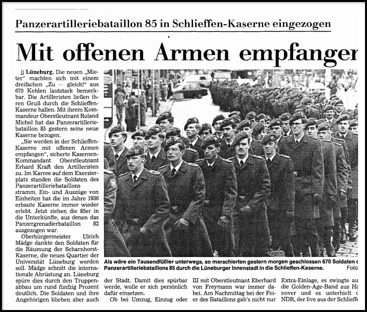 13.11.1992 Panzerartilleriebataillon 85 zieht in die Blocks der 82ziger . Quelle: LZ Panzerartilleriebataillon 85 zieht in die Blocks der 82ziger