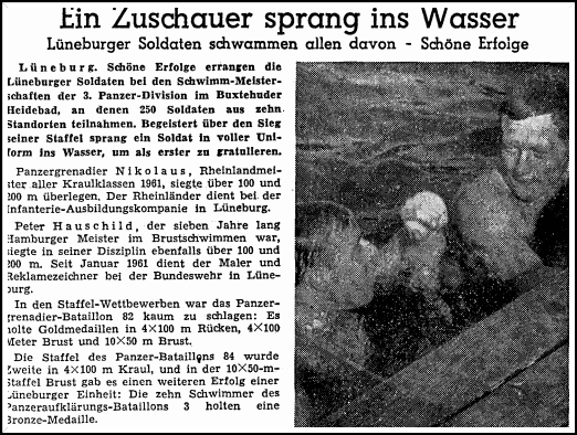 24.08.1961 3 Goldmedaillen für unsere Schwimmstaffel . Quelle: LZ 3 Goldmedaillen für unsere Schwimmstaffel , Panzergrenadierbataillon 82