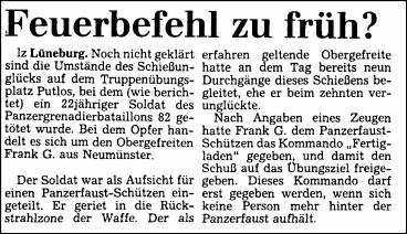 1985 Tödlicher Schießunfall Truppenübungsplatz Putlos. Quelle: Landeszeitung Lüneburg. Tödlicher Schießunfall Truppenübungsplatz Putlos, Panzergrenadierbataillon 82