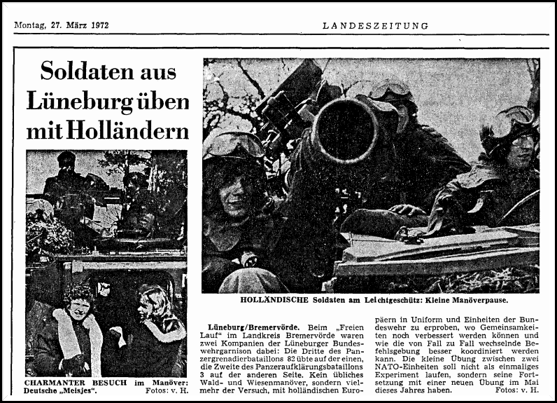 27.03.1972 Die 3./82 übt zusammen mit holländischen Verbänden. Quelle: Landeszeitung Lüneburg 3. Kompanie Panzergrenadierbataillon 82 üben mit hölländischen Einheiten.