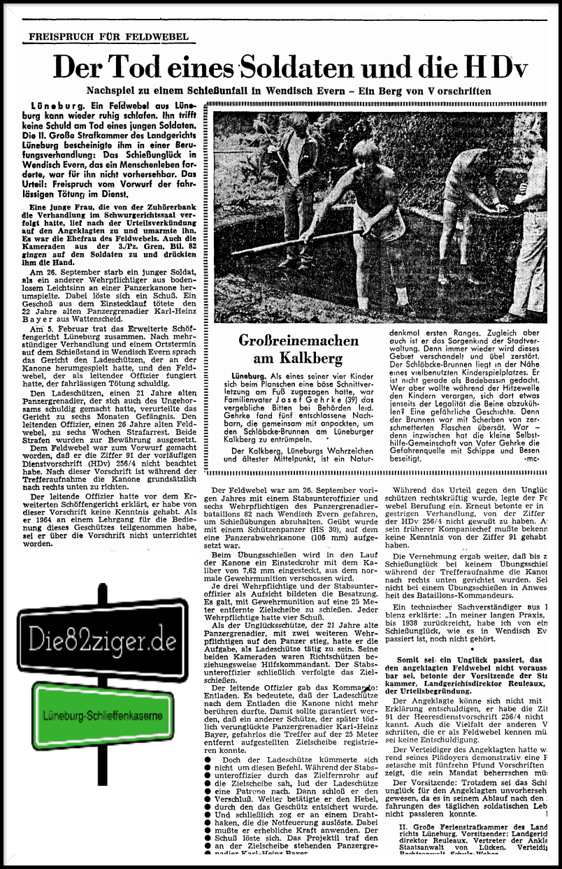 26.09.1968 Tödliches Schießunglück in Wendisch-Evern. Quelle: LZ 26.09.1968 Tödliches Schießunglück in Wendisch-Evern. Panzergrenadierbataillon 82