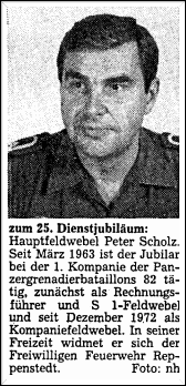 07.01.1988 25jähriges Jubiläum Hauptfeldwebel Peter Scholz 1./82. Quelle: LZ Hauptfeldwebel Peter Scholz 1./82
