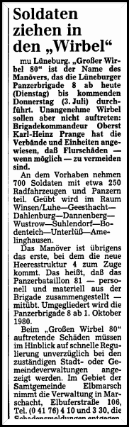 01.07.1980 Brigade-Rahmen-Übung * Großer Wirbel *. Quelle: LZ Brigade-Rahmen-Übung * Großer Wirbel * 1980 , Panzergrenadierbataillon 82