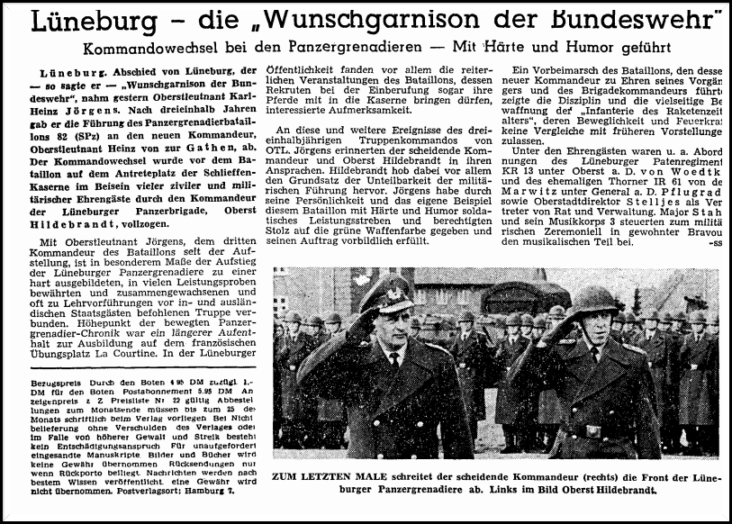 30.03.1967 Abschied von OTL Karl-Heinz Jörgens. Quelle: LZ Abschied von Kar-Heinz Jörgens, Panzergrenadierbataillon 82