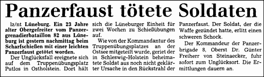 10.01.1985 Tödlicher Unfall mit Panzerfaust auf dem Truppenübungsplatz Tödlicher Schießunfall 1985 in Putlos, Panzergrenadierbataillon 82